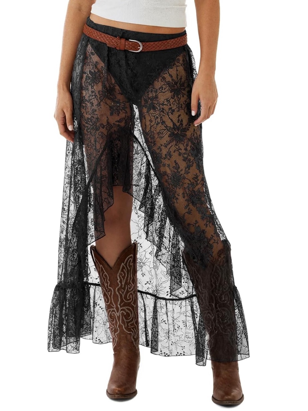 Sheer Black Lace Maxi Skirt with Ruffle Hem
